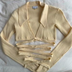 Daniel Bernstein ivory cable knit collared cropped wrap top xs